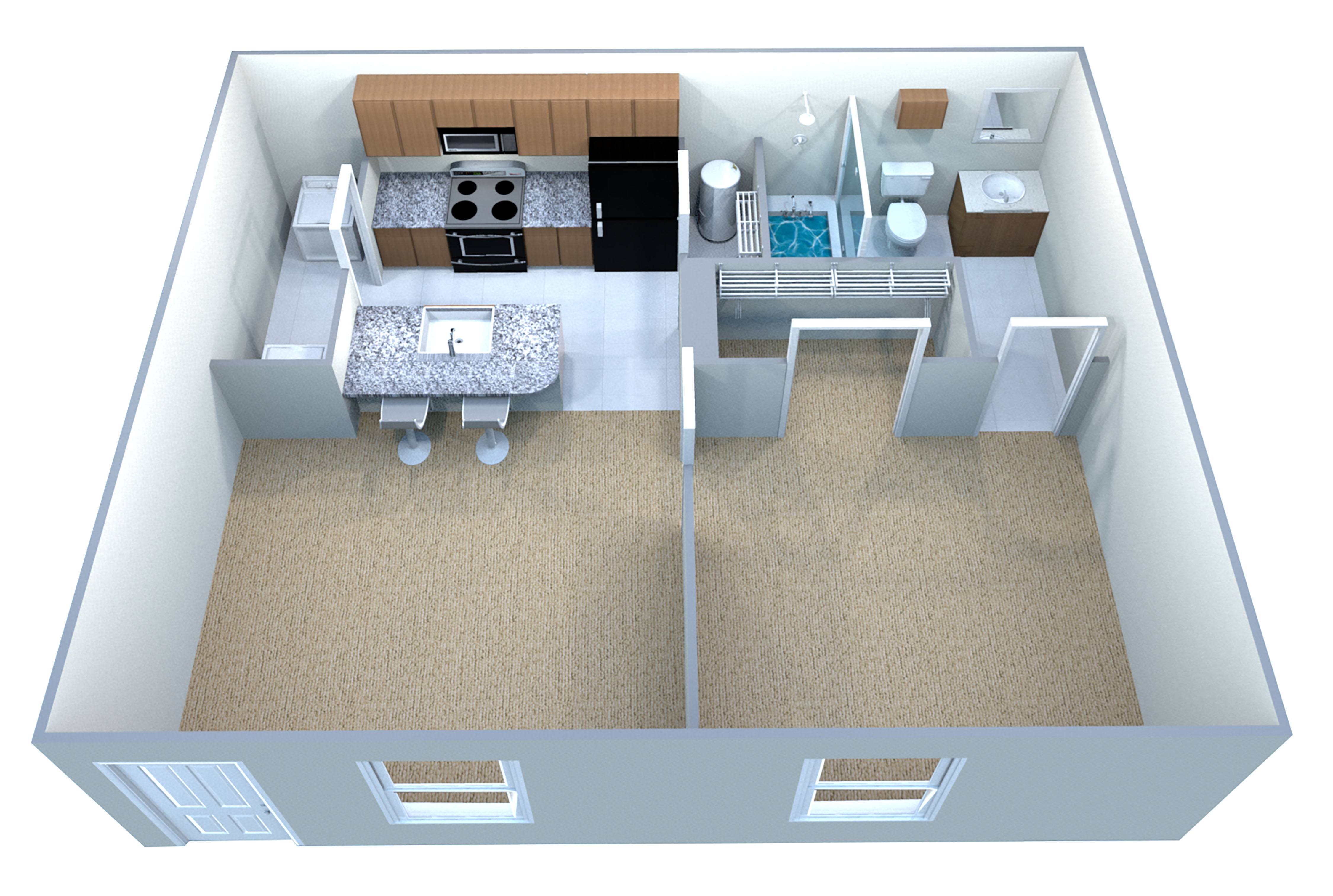 A 3D image of a small apartment with a kitchen, living room, and bathroom.